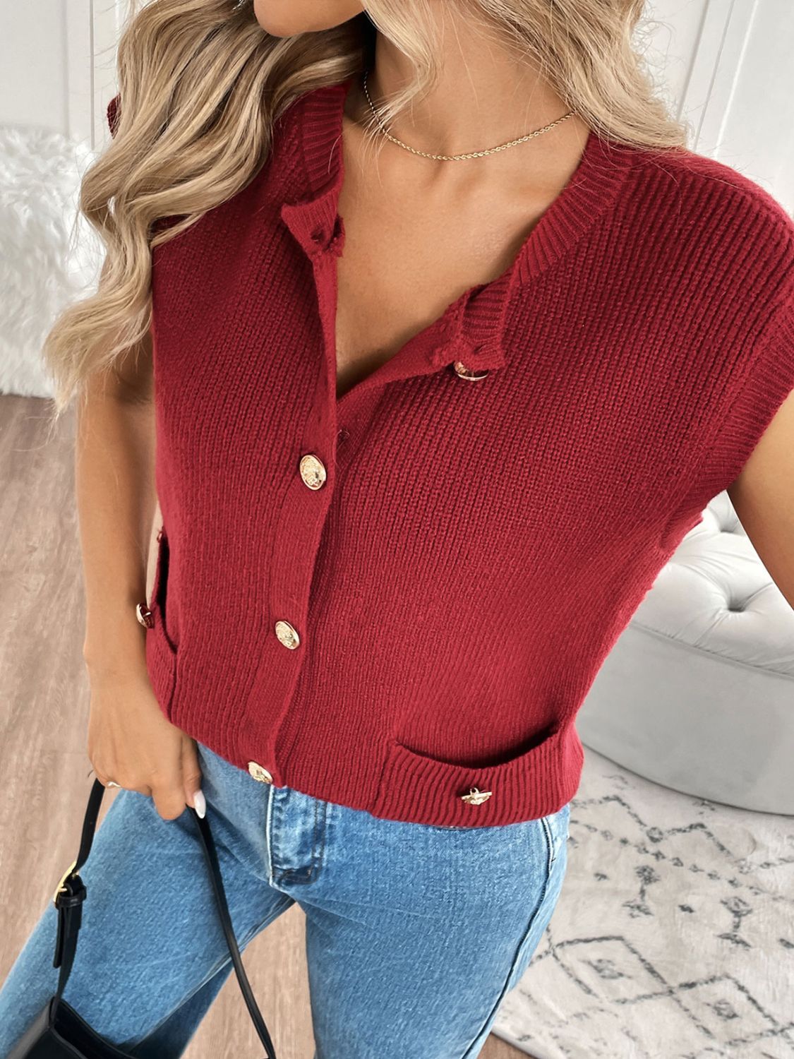 Pocketed Round Neck Cap Sleeve Cardigan