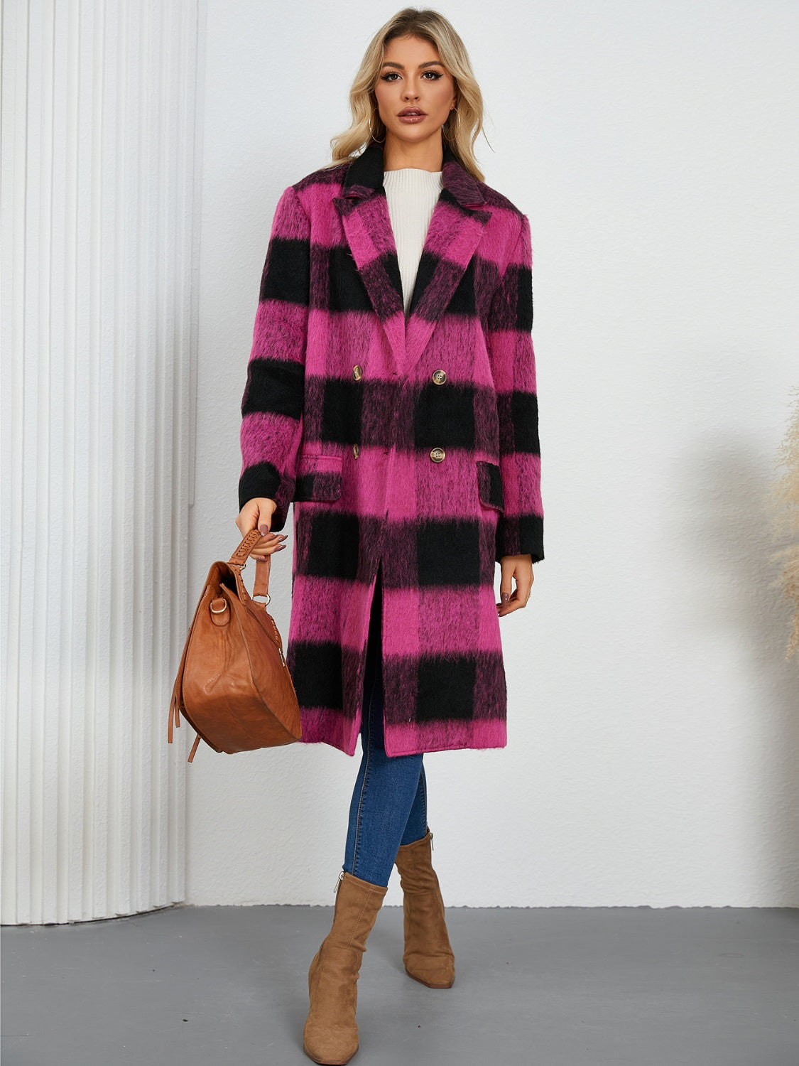 Plaid Double-Breasted Long Coat