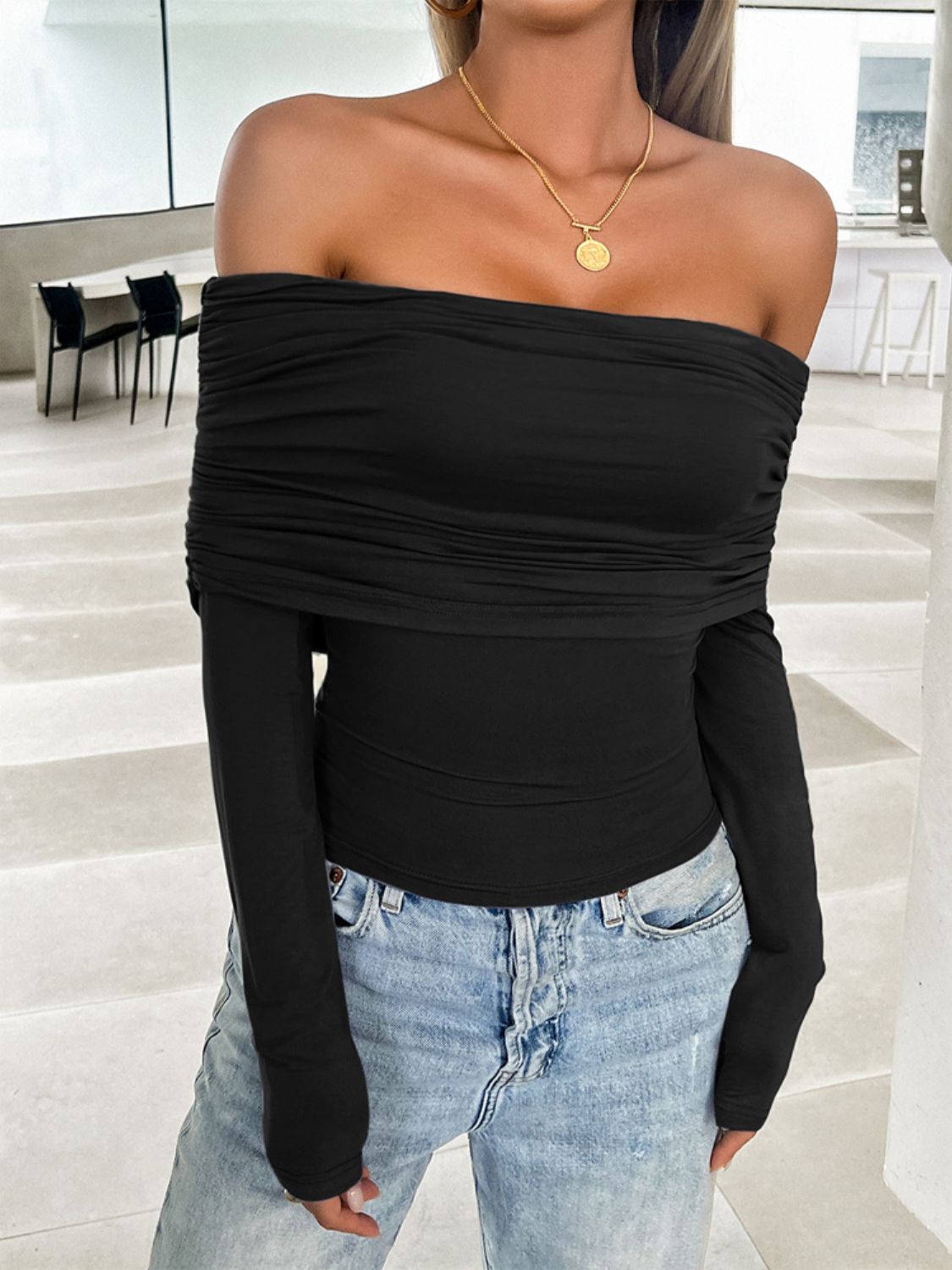 Off-Shoulder Long Sleeve Shirt