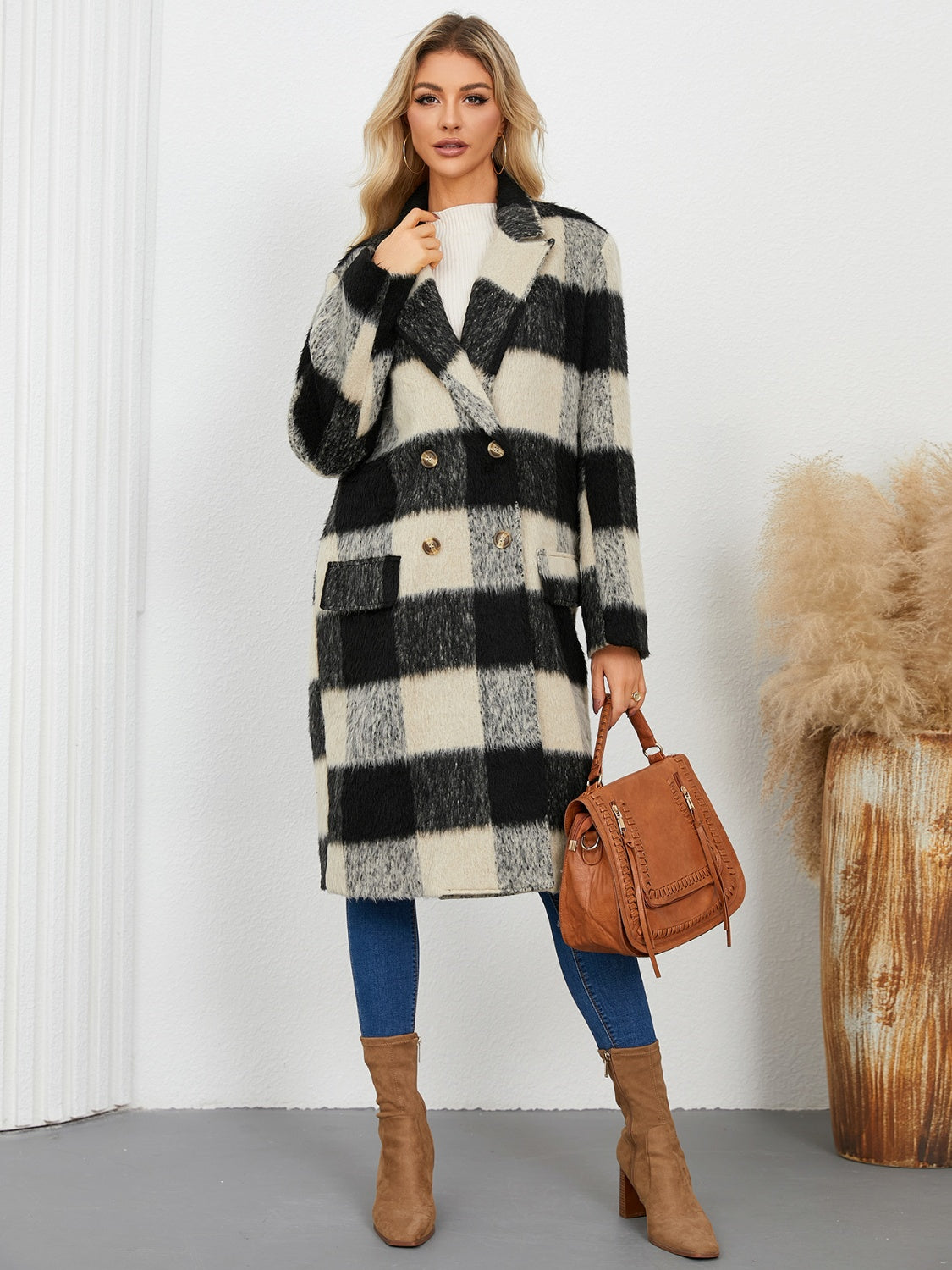 Plaid Double-Breasted Long Coat