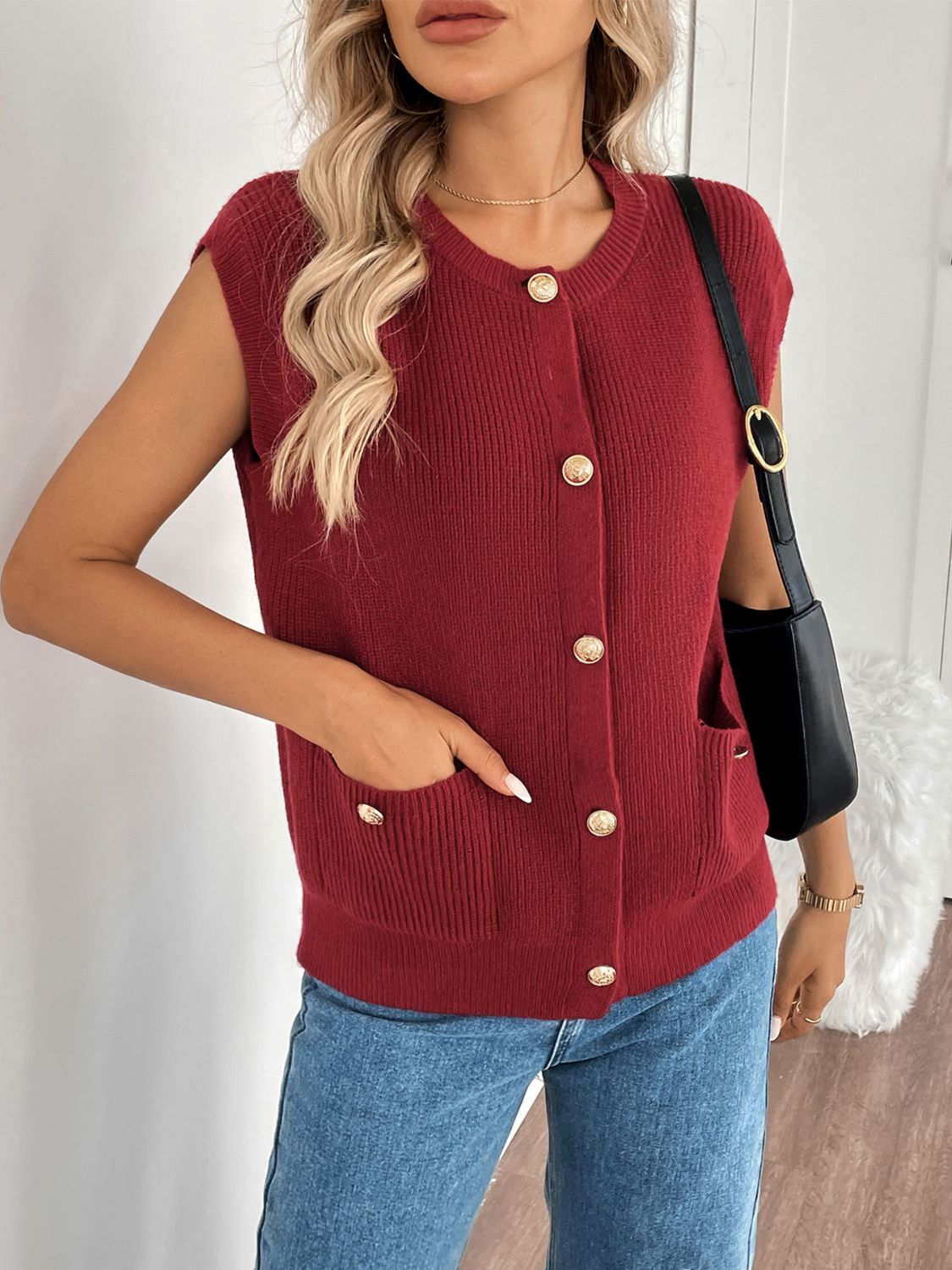 Pocketed Round Neck Cap Sleeve Cardigan