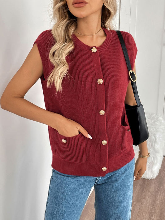 Pocketed Round Neck Cap Sleeve Cardigan