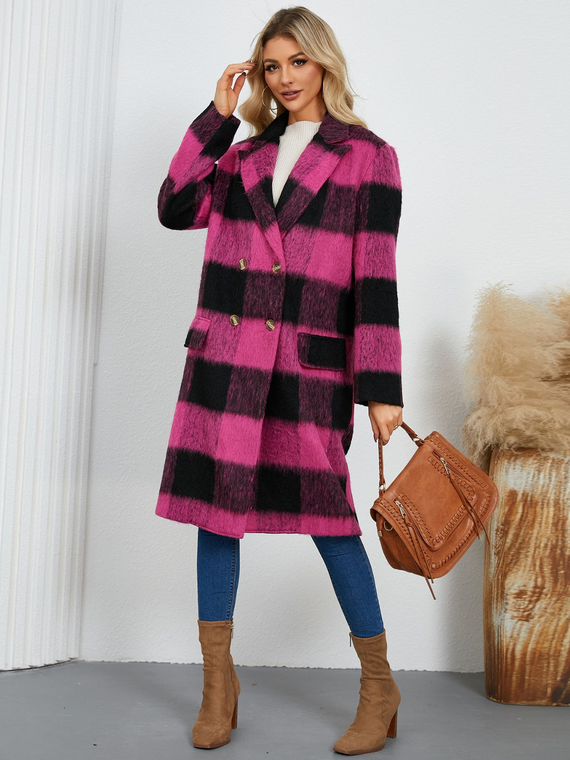 Plaid Double-Breasted Long Coat
