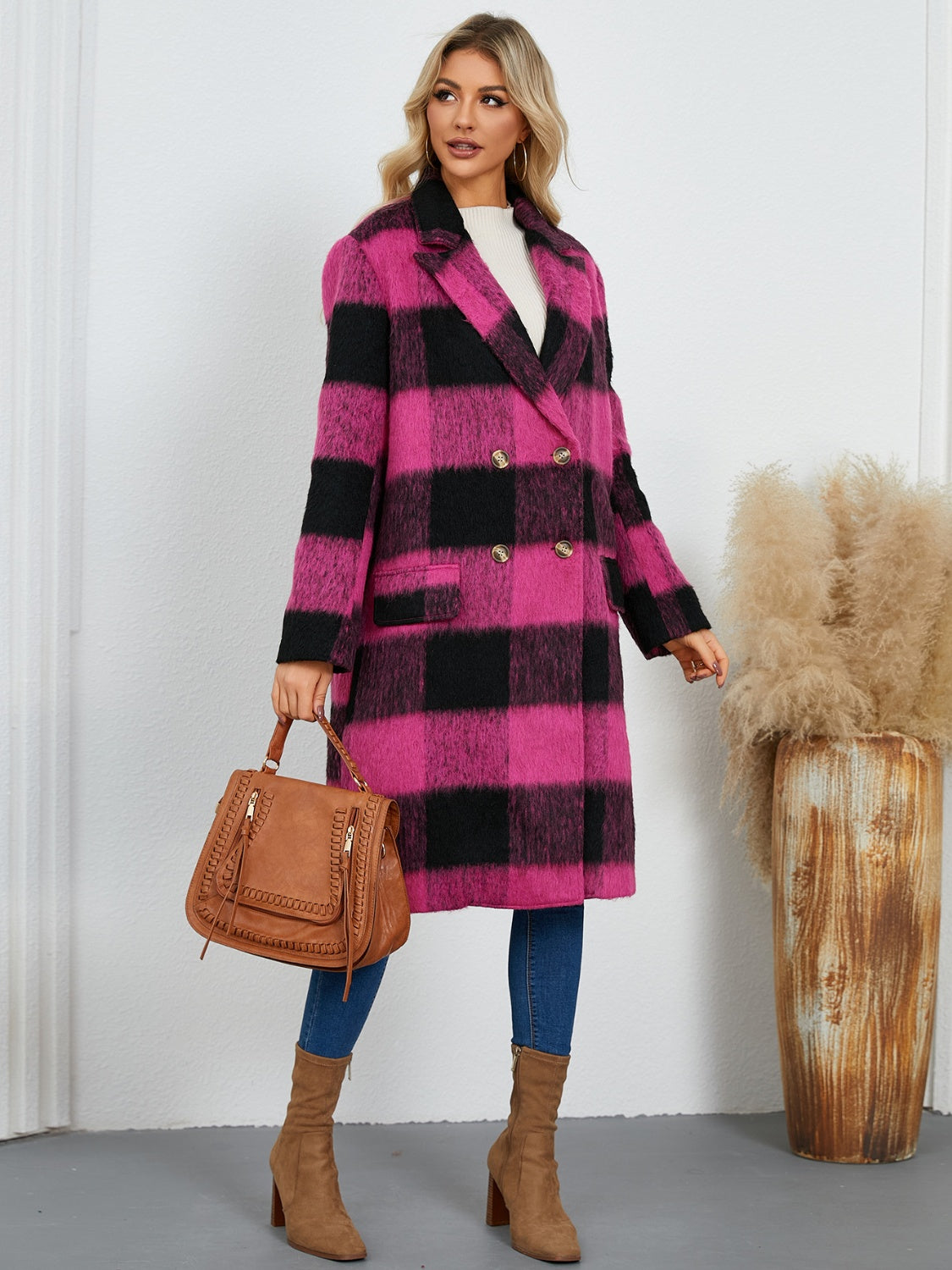 Plaid Double-Breasted Long Coat